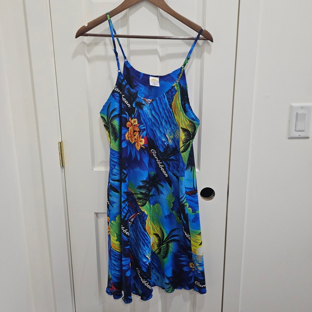 Rima Caribbean Tropical Blue Palm Tree Floral Slip Dress Womens Large L Beach